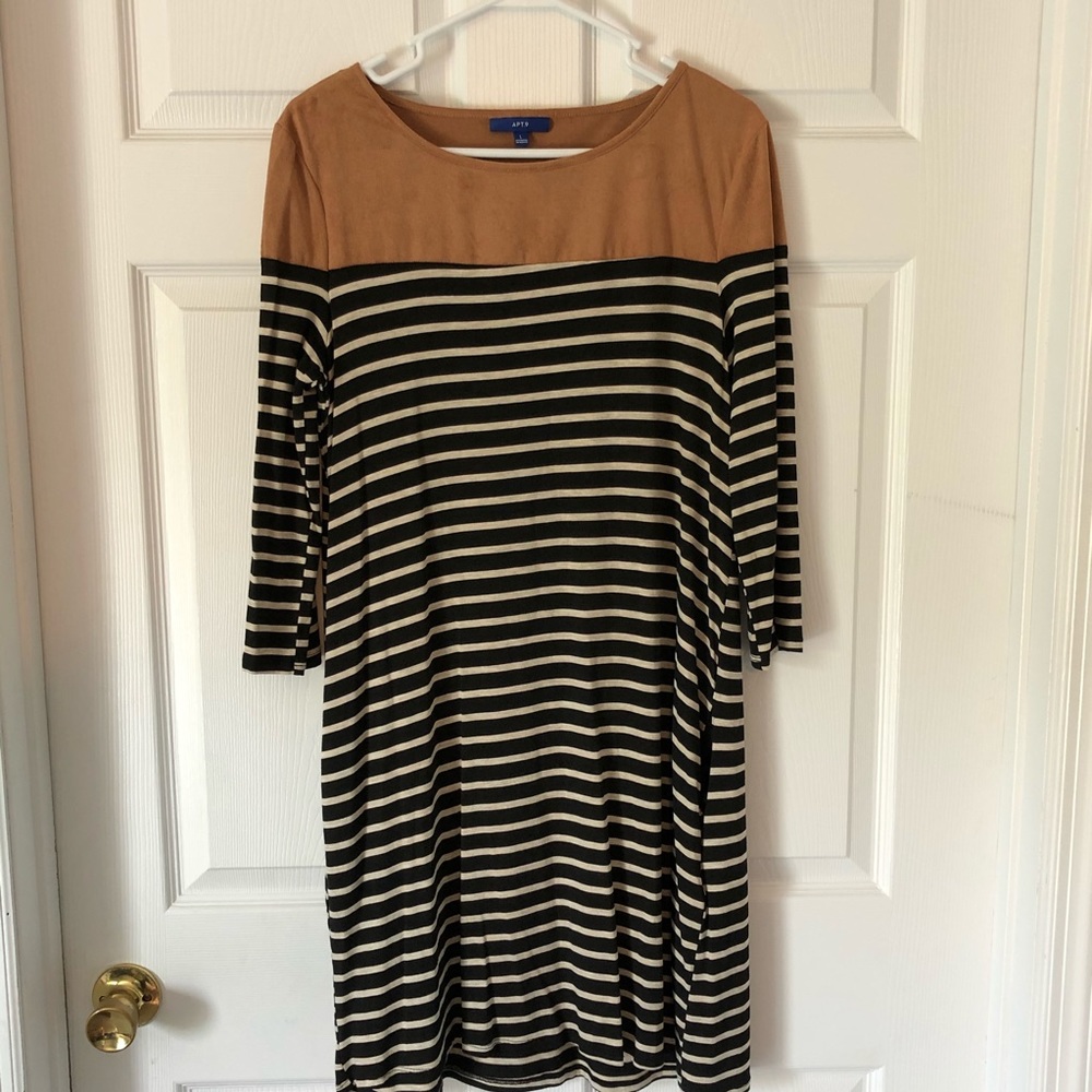 Striped Dress with Faux Suede Shoulders & Pockets